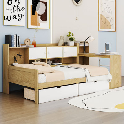 Wooden Daybed with Built-in Bookshelf and 2 Drawers