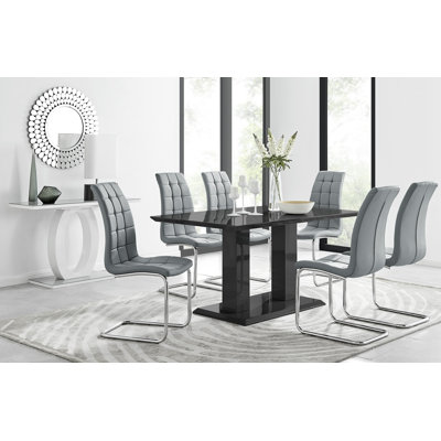 Eubanks High Gloss Double Pillar Dining Table Set with 6 Luxury Faux Leather Dining Chairs