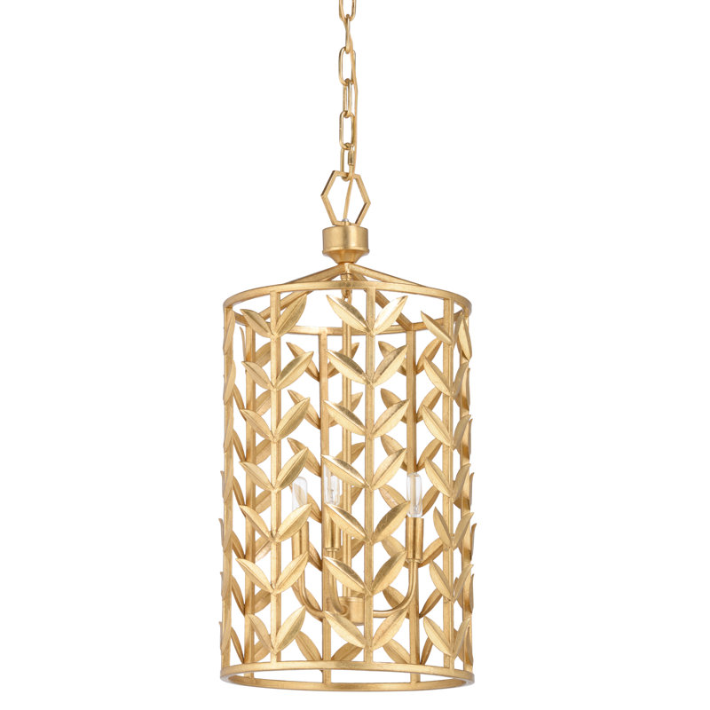 Gold Leaf Metal Lantern Pendant with Stem and Leaf Detail