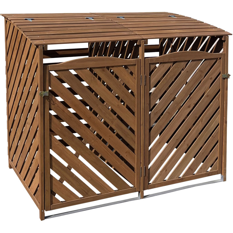 Brown Wooden Double Door Trash and Recyclables Bin Storage Shed