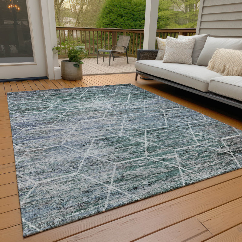 Machine Washable Indoor/Outdoor Xhevrie Teal Rug, Rectangle 8' x 10'