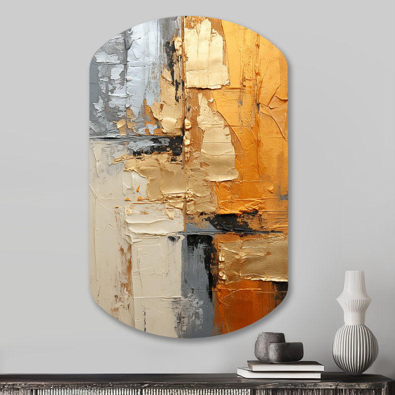 Or gris, géométrie brillante XV - collage cylindrique abstrait, impression sur métal asymétrique, H 31 po x l 19 po x P 1 po