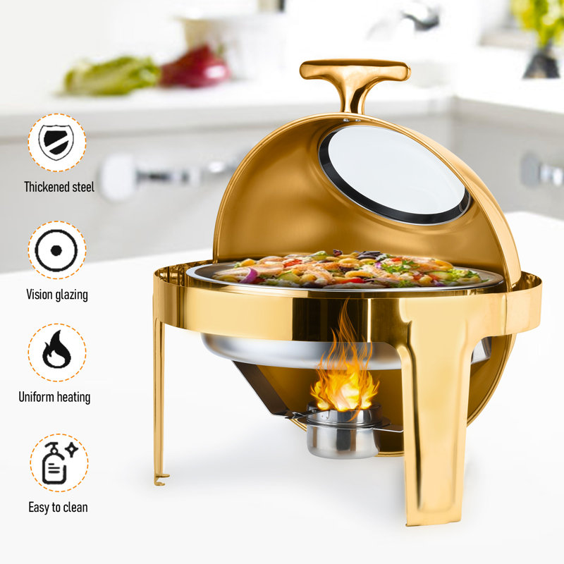 Plats de réchaud 6QT pour buffet, chauffe-plats pour la restauration, ensemble de plats à frire ronds, réchauds en acier inoxydable et ensemble de réchauds à buffet avec couvercle visible, rond