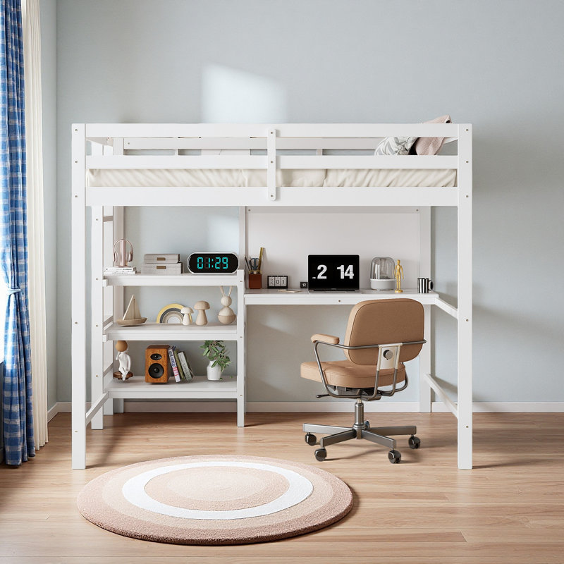 Lit mezzanine en bois avec tablettes, bureau et tableau d'écriture, Lit simple, Blanc