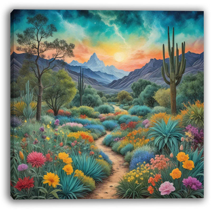 Desert Bloom Path: Vibrant Landscape Canvas Wall Art, 20" H x 20" W x 1.5" D