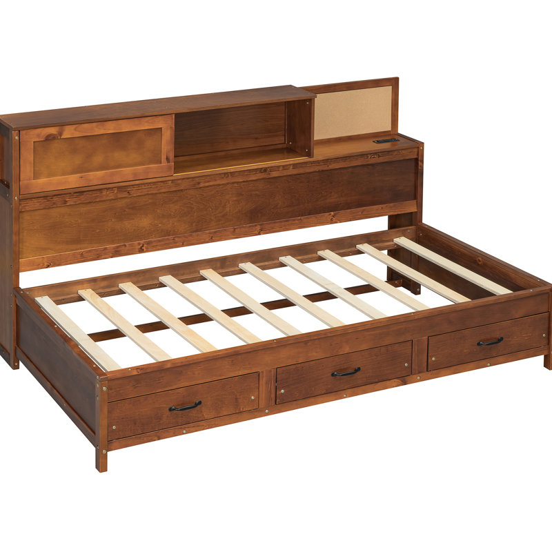 Twin Walnut Wood Daybed In Size With Storage Drawers, Headboard Shelf, Sockets And Outlets Made Of 3 Ports