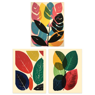 Abstract Leaf Artworks Colourful Boho Leaves - 3 Piece No Frame Print Set