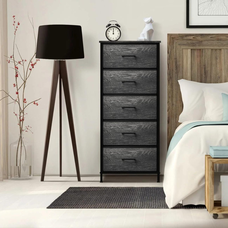 Sorbus Narrow 5 Drawers Nightstand with Steel Frame, Wood Top, & Fabric Bins, Black
