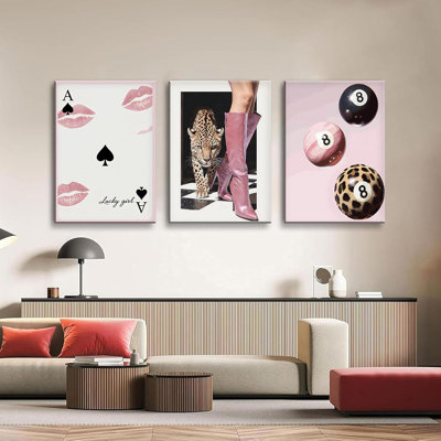 3Pcs Framed Leopard Cheetah Wall Art With Lucky Lips Pink 8 Ball Designs Canvas Posters Prints Pictures Paintings Funky Preppy Wall Decor Decoration For Room Apartment Dorm