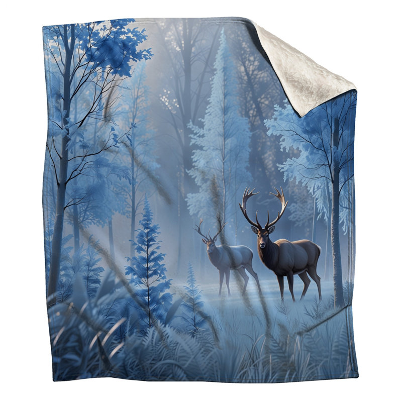 Cerfs dans des couvertures de forêt givrée, 60in W x 80in H