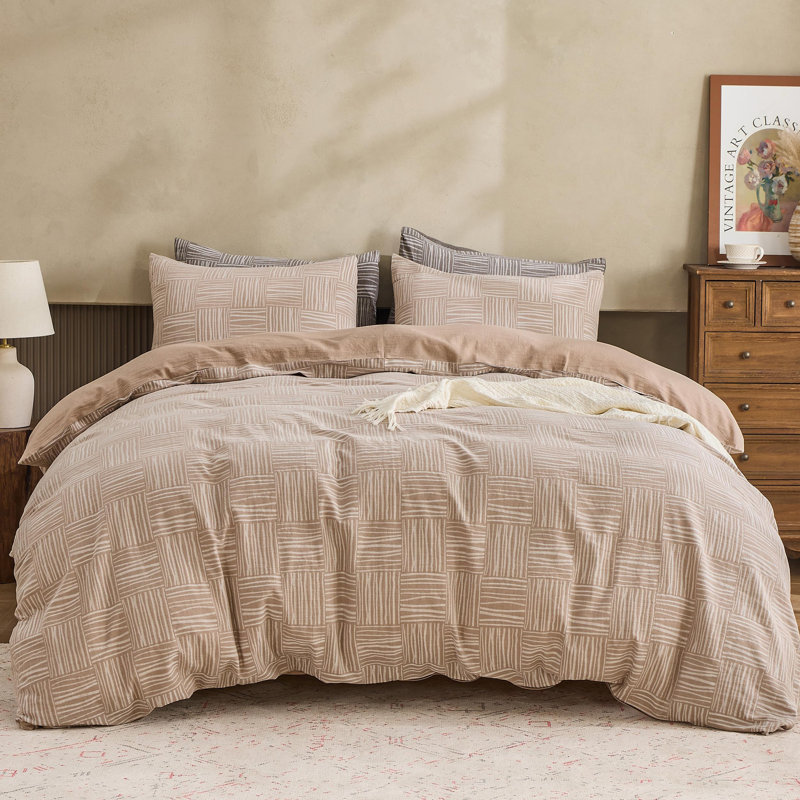 100% Cotton Yarn-Dyed Jacquard Duvet Floral Duvet Cover Set, King Duvet Cover + 2 King Pillowcases, Khaki Checkered Stripes