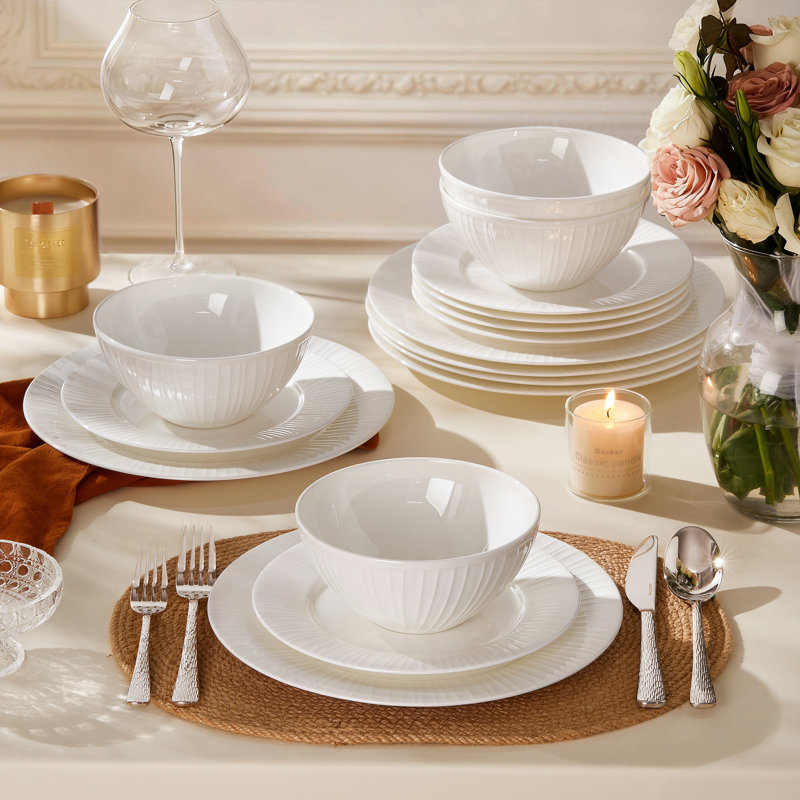 12 Piece Embossed Bone China Dinnerware Set In White, Service For 4