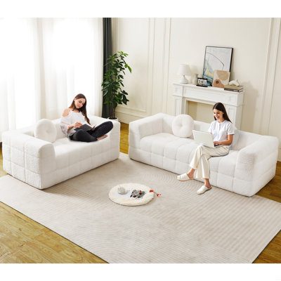 Boneless Couch With Two Circular Throw Pillows,Checkered Fabric Design Foam Sofa