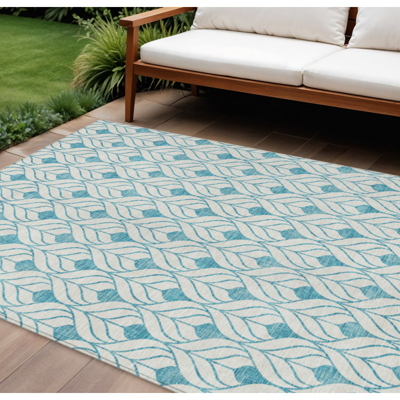 Tapis extérieur bleu sarcelle et ivoire lavable 10 pi x 14 pi bleu sarcelle et ivoire