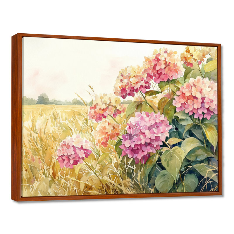 Paysage d'hortensias dans le champ de maïs - hydrangées, art mural, H 24 po x l 32 po, Floater Framed, Brun
