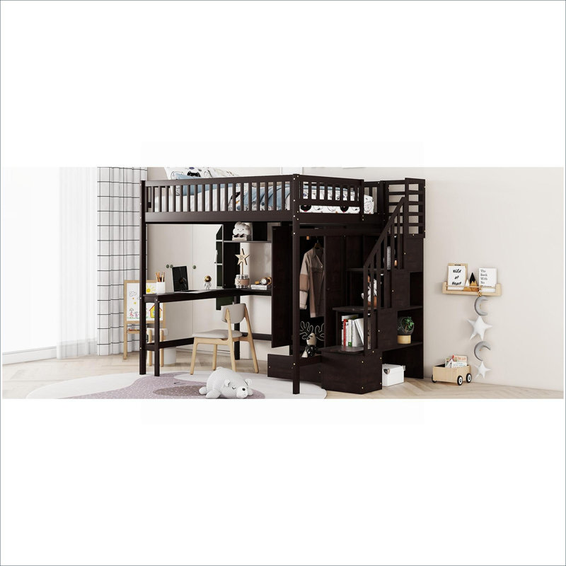 Small Bedroom Playhouse Inspired Full Size Loft Platform Bed With Integrated Workspace And Storage, Classic Brown Solid Wood
