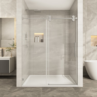 Porte de douche sans cadre KAVRTON l 57 po x l 61 po x H 79 po, porte de douche coulissante simple en noir mat, verre transparent trempé de 3/8 po (10 mm) certifié SGCC