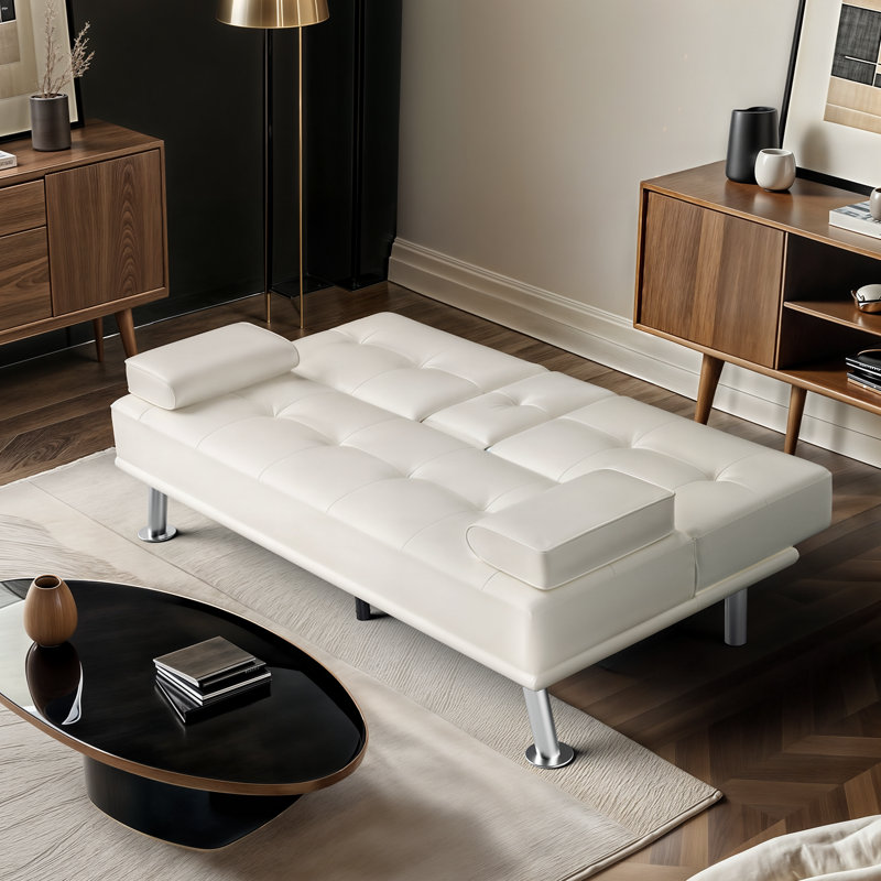Faux Leather Futon Sofa Bed Couch Adjustable Sleeper Loveseat With Removable Armrest And Cup Holders, White