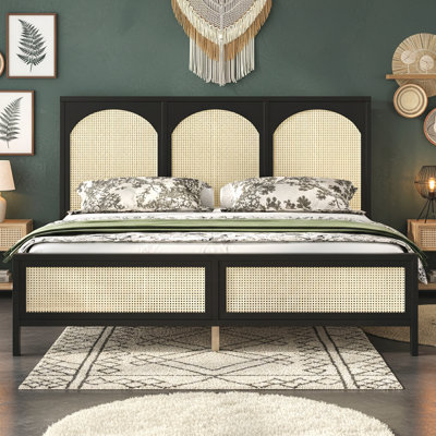 Wood Platform Bed with Rattan Headboard and Footboard, Sturdy Construction, No Box Spring Required, Easy Assembly