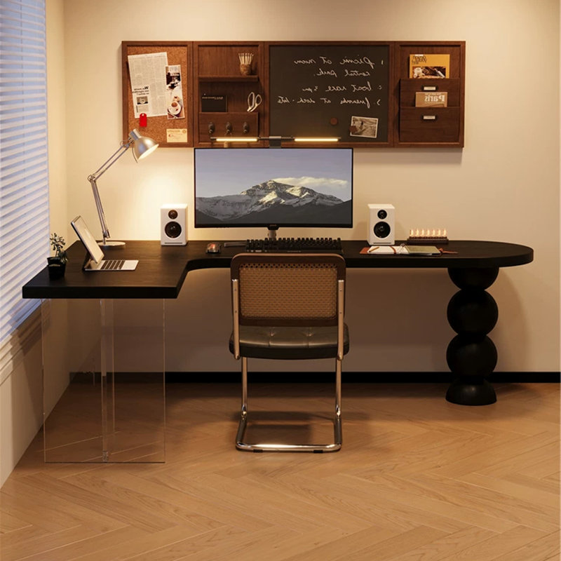 Bureau en bois massif noir en forme de L en acrylique, 29.53" H x 86.61" W x 55.12" D, Left Hand Return