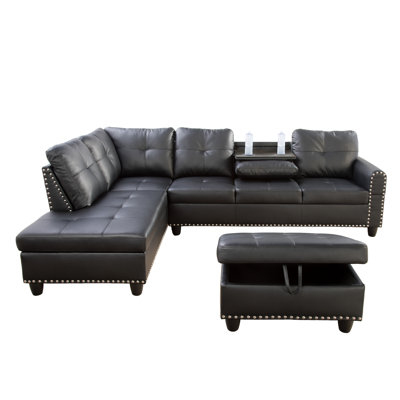 Cozy  Black Faux Leather Synthetic Leather Left  Hand  3-Piece Sofa Set
