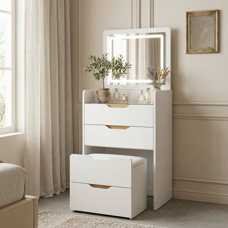 Shiona 18.9'' Wide Makeup Vanity Table With Storage Makeup Stool,Flip Top Lighted Mirror, 3 Drawers