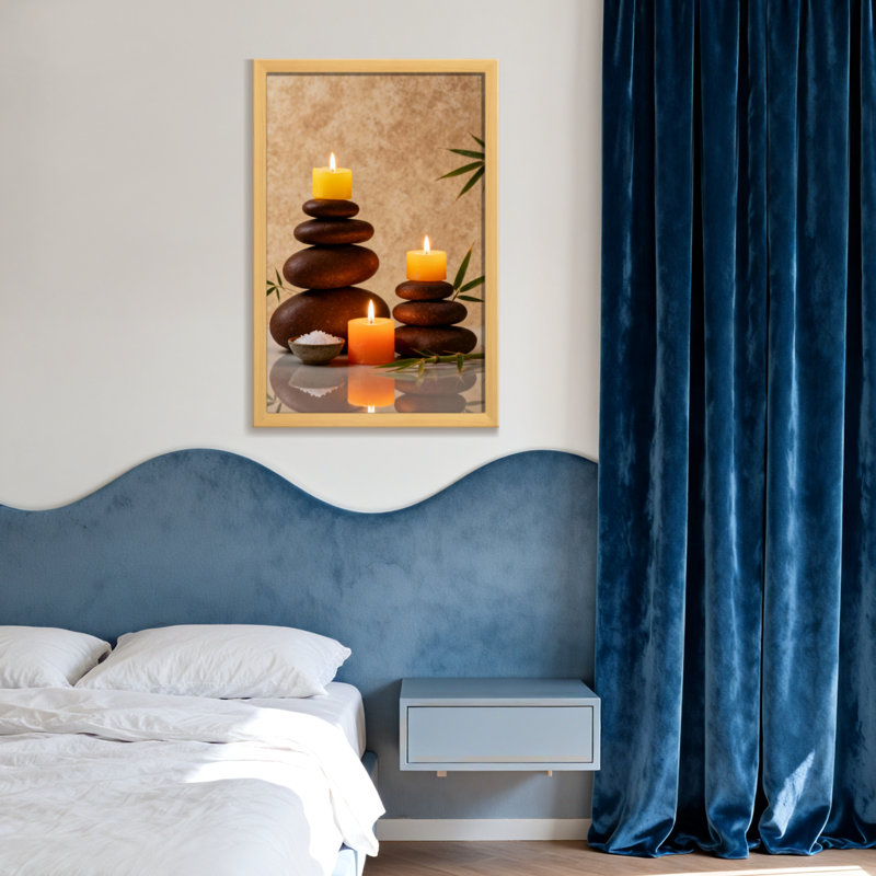 Zen, pierres, bougies, pierres, bambou, sel, paisible, atmosphère zen, réflexion, Toile tendue, Ne s’applique pas