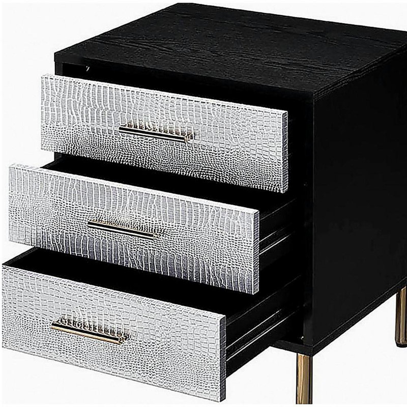 Table de chevet 3 tiroirs avec pieds en métal noir, argent et or