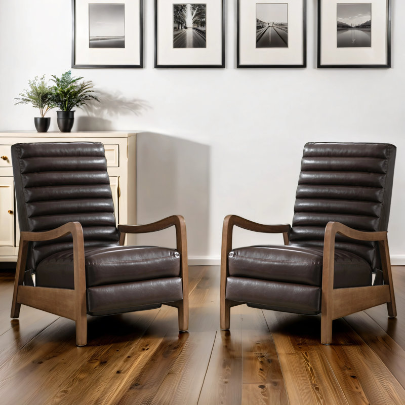 Ilaan 26" Classic Faux Leather Manual Push Back Recliner With Parawood Base (Set Of 2), Brown Genuine Leather
