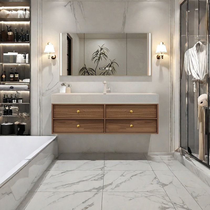 Middle ancient style intelligent bathroom cabinet, H 21,65 po x l 55,11 po x P 21,65 po, Burlywood