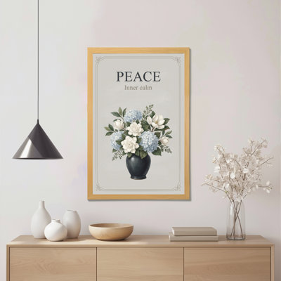 "Floral Peace Inner Calm", reproduction d'art sur toile tendue sur toile avec fleurs bleues et blanches dans un vase noir pour le salon, la chambre ou l'espace de méditation