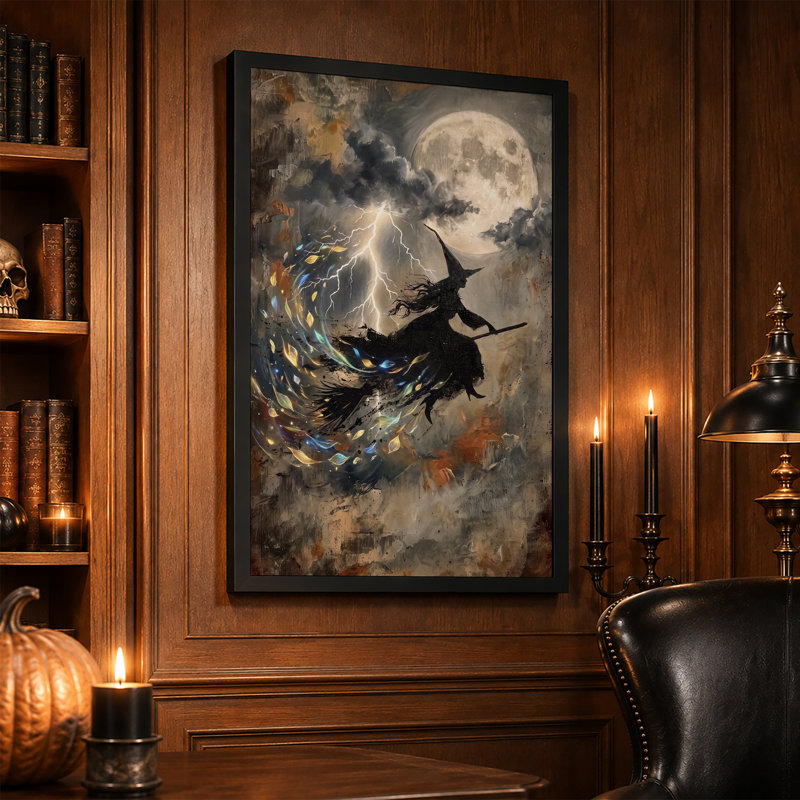 Art sur toile, sorcière sur balai avec pleine lune et éclair, H 18 po x l 12 po