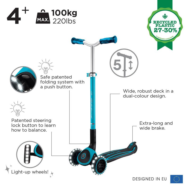  Globber Ace Lights 3 Wheel Scooter, Blue