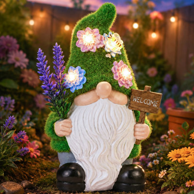 Solar Powered Green Floral Gnome with Welcome Sign Garden Statue