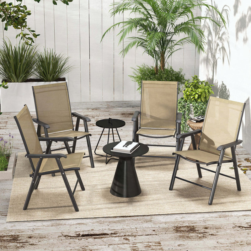 Set of 4 Stackable Folding Patio Sling Chairs with Armrests, No Assembly, Brown