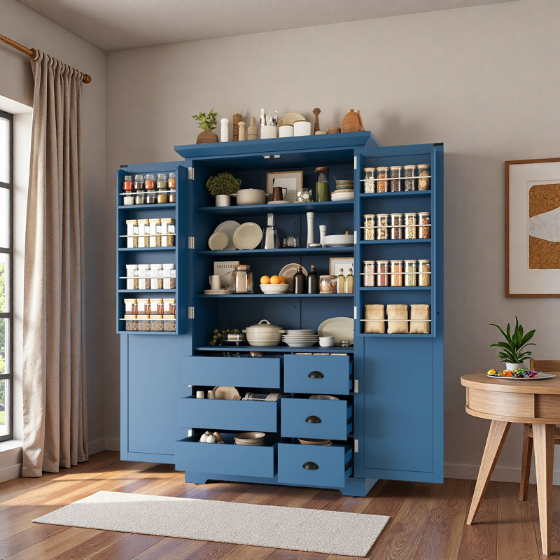 Garde-manger autoportant avec tiroirs, tablettes de porte, tablettes réglables et plateaux coulissants, Bleu