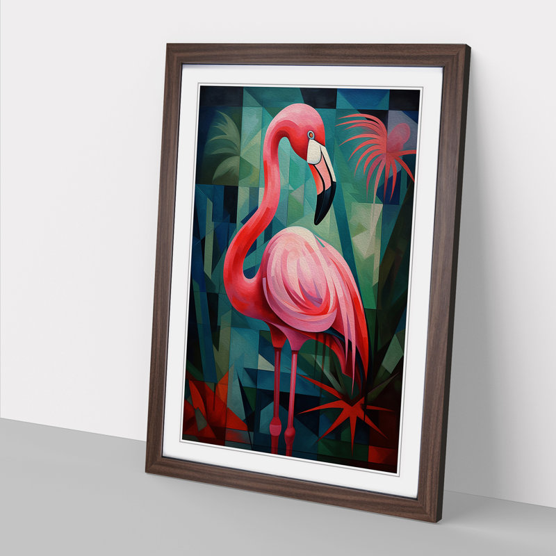 Flamingo Cubism No.2 - Framed Print, 34cm H x 25cm W x 2cm D, Walnut