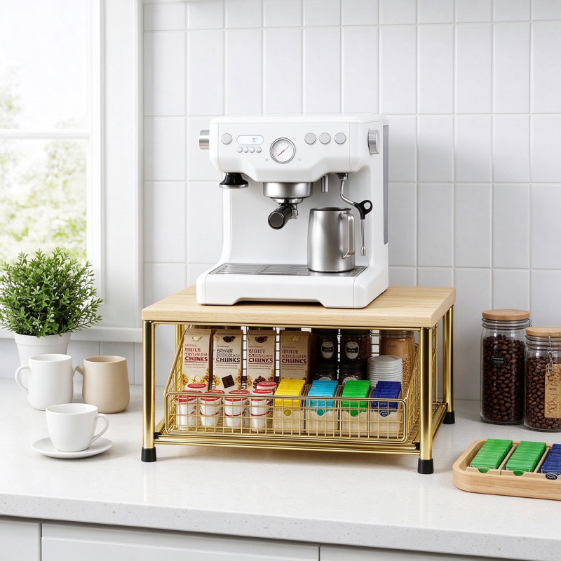 Coffee Pod Drawer and Counter Coffee Bar Organizer with Steel Frame and Wood Top for Home Kitchen Storage