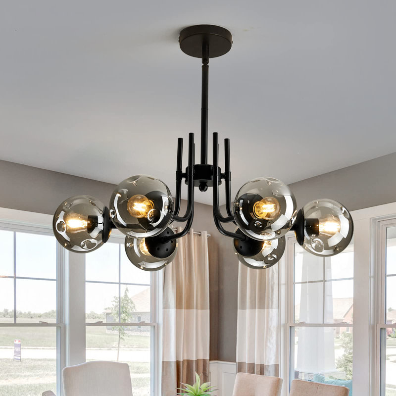 6-Lights Glass Globe Sputnik Chandeliers Modern Metal Ceiling Light Fixture Black Semi Flush Mount Chandelier