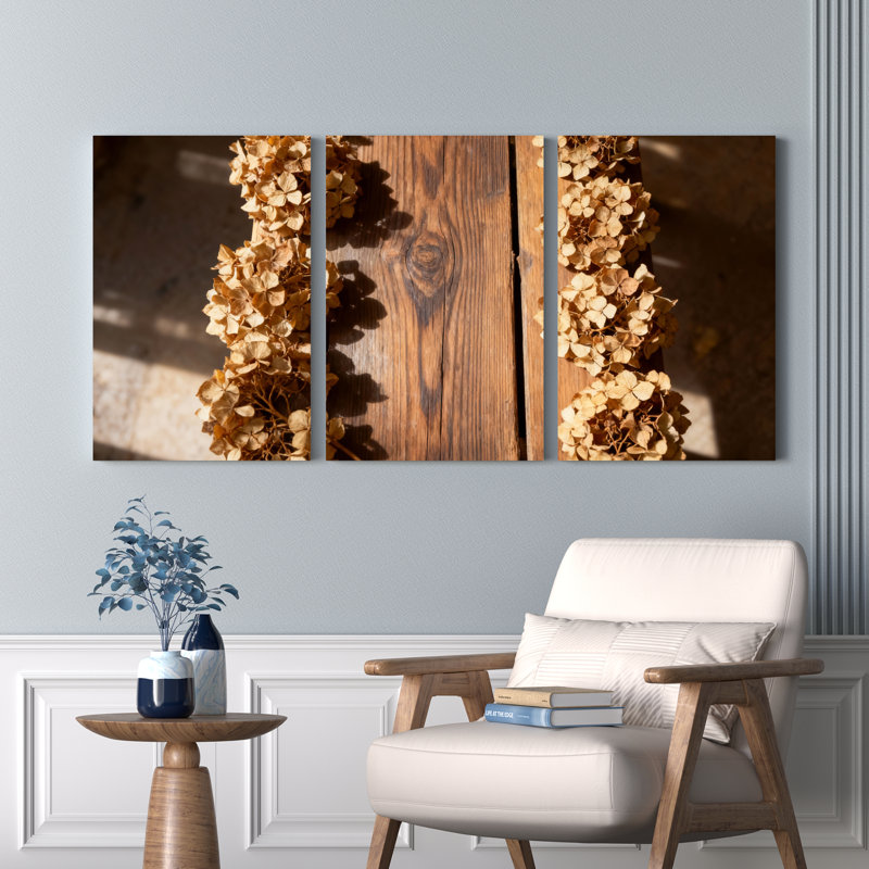 «Hortensia séchée sur panneau de bois», art floral rustique (ensemble de 3), H 18 po x l 36 po