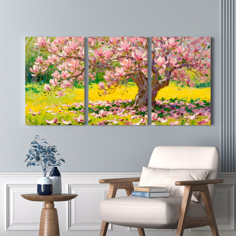 Ensemble de 3 tableaux muraux sur toile à motif floral printanier représentant un cerisier en fleurs, H 18 po x l 36 po