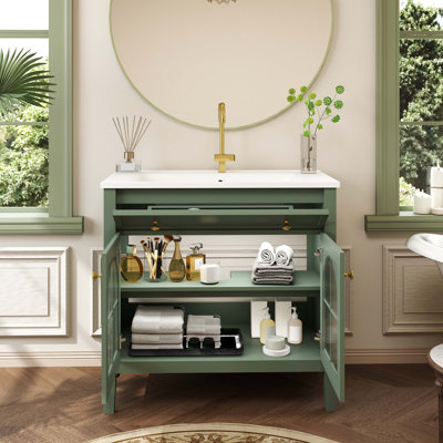 Lavabo de salle de bain 35,6 po Mid-Century avec verre à motif et bande de capteur de mouvement, meuble-lavabo sur pied Farmhouse avec rangement, meuble-lavabo haut de gamme pour salle de bain