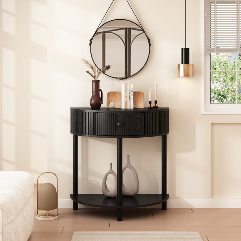 Console demi-ronde en bois massif avec tiroirs cannelés l 31 po Charlbury, Noir