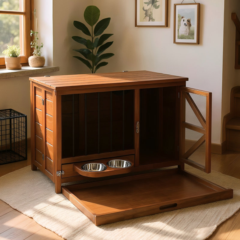 Niche pour chien 33 po en bois de noyer moderne 33 po, pliable avec mangeoire rotative à 360 °, capacité de poids élevée pour les lampes et la cage de décoration, attache parfaite pour animaux de compagnie