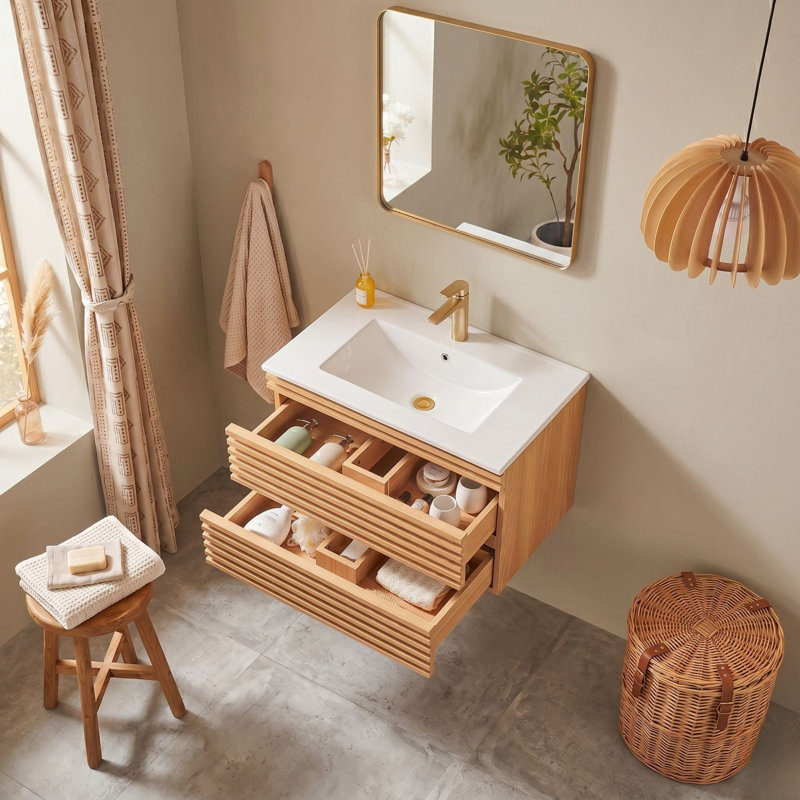 Meuble-lavabo simple flottant moderne 30 po avec tiroirs à grain de bois rainuré et cuve en céramique, 30"