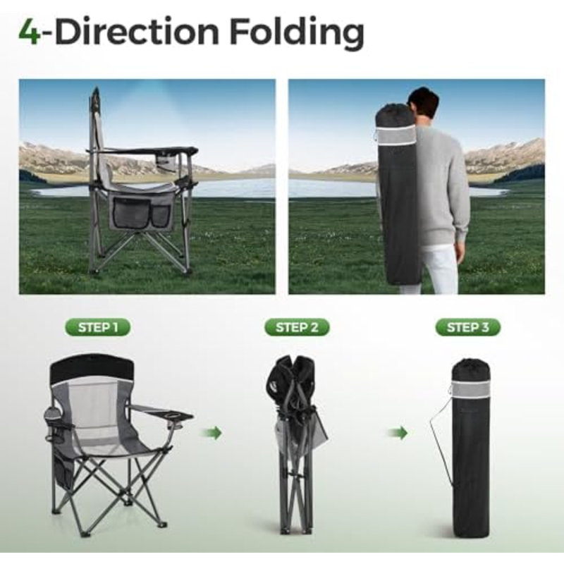 Chaises de camping surdimensionnées entièrement rembourrées avec soutien lombaire | Structure en acier robuste (500 lb), solide et durable, sac isotherme, tissu Oxford 600D, porte-gobelet, sac de transport, poche, montage facile