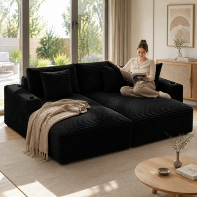 Chaise longue surdimensionnée d'intérieur, canapé-lit double de 193 cm avec porte-gobelets et poche latérale, canapé de sol sans dossier en velours côtelé moelleux avec assise profonde, canapé-lit convertible pour chambre ou salon, noir