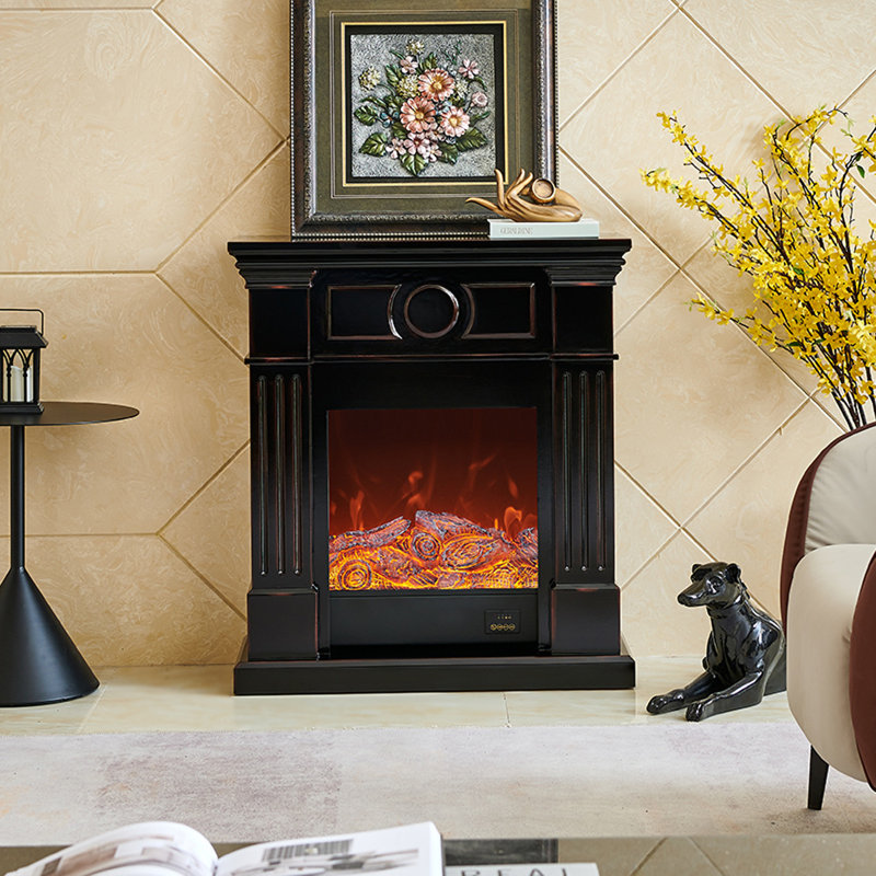 Simple French-style solid wood electric decorative fireplace with simulated flames, Black