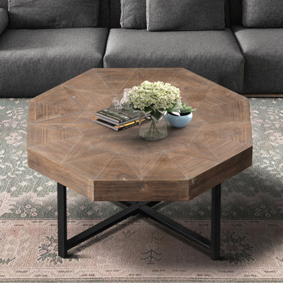 Table basse en bois octogonale rétro avec patchwork artisanal 30 pouces