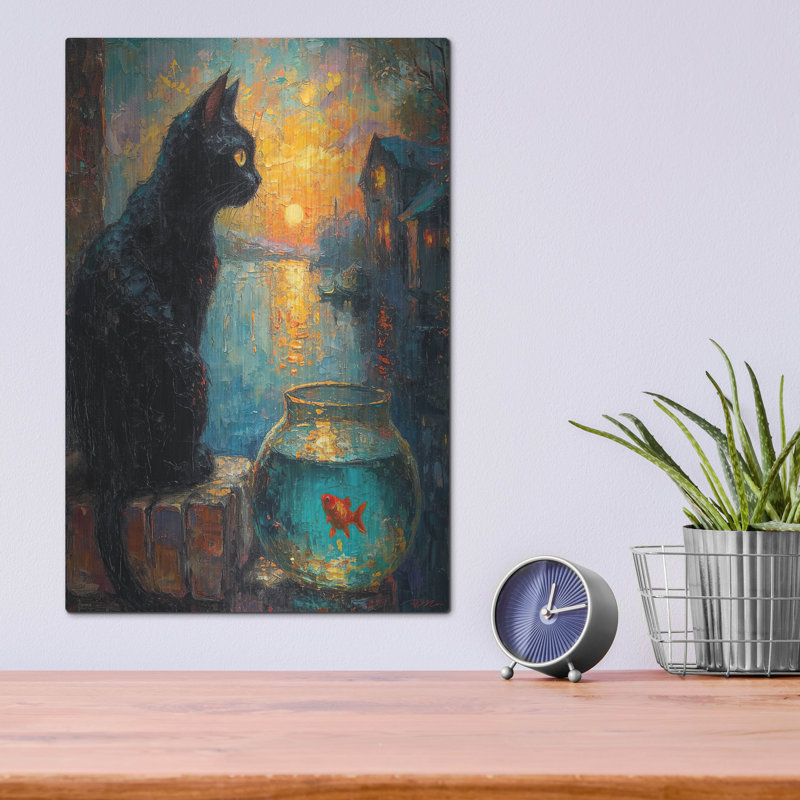 Highland Dunes «Black Cat And Goldfish 1» par Momart, art mural en métal, H 16 po x l 12 po